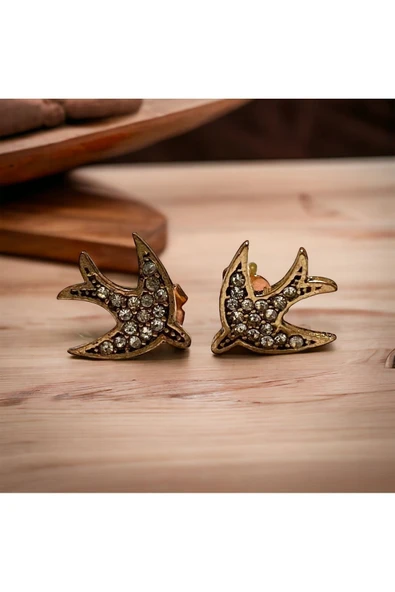 Kristal Taşlı Kırlangıç Figür Küpe - Resim 2