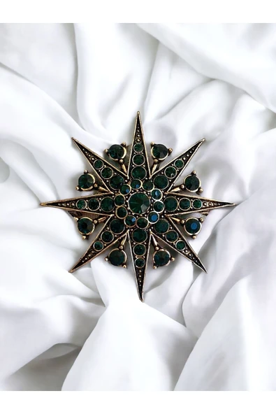 Yakut Yeşil Kristal Taş Işlemeli Star Broş - 4