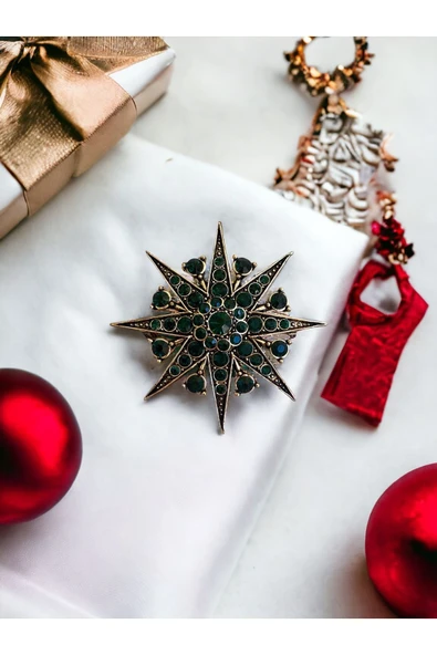 Yakut Yeşil Kristal Taş Işlemeli Star Broş - 2