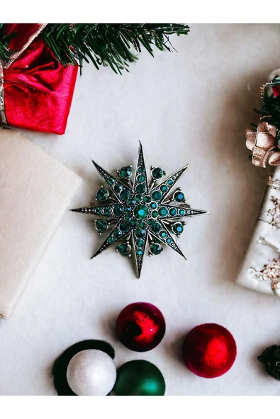 Yakut Yeşil Kristal Taş Işlemeli Star Broş