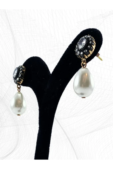 Oval Kesim Zirkon Taşlı İnci Küpe - 8