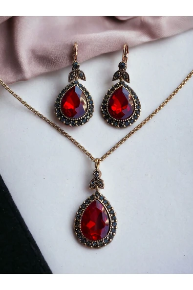 Elmas Montür Kristal Taşlı Su Damlası Küpe ve Kolye Seti - Resim 2