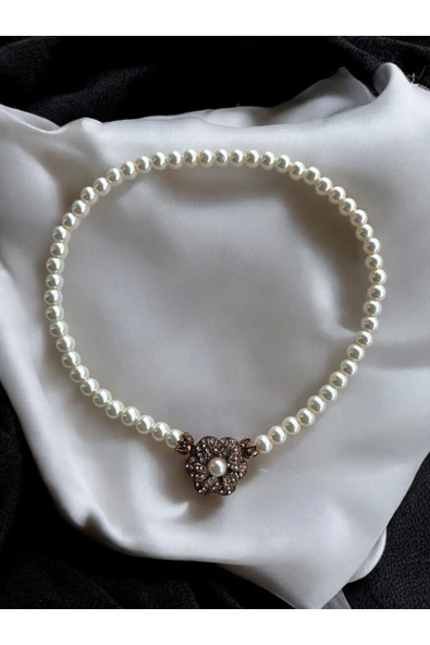 Kristal Taşlı Çiçek Figür Inci Kolye - Resim 5