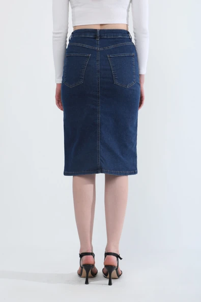 Önden Yırtmaçlı Likralı Midi Jean Etek - 8