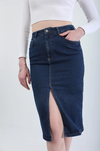 Önden Yırtmaçlı Likralı Midi Jean Etek - 9