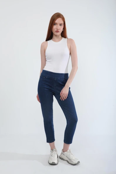 Kadın Likralı Esnek Lacivert Rins Jean Pantolon - 5