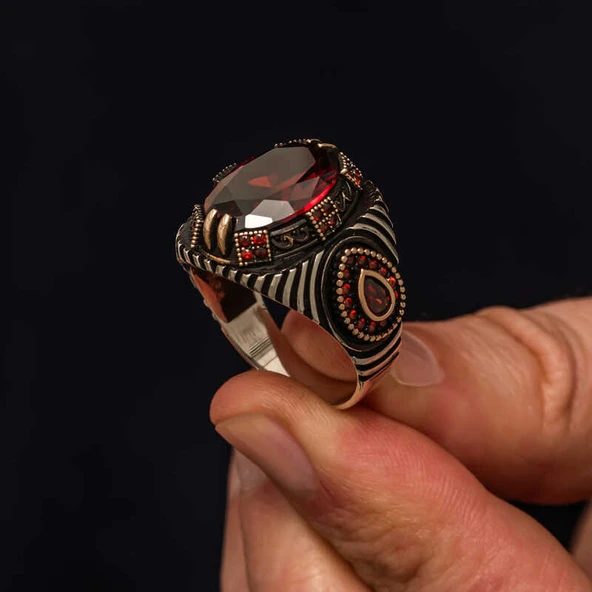 Gümüş Kırmızı Fasetli Taşlı Erkek Yüzük  SL10583 ürün görseli