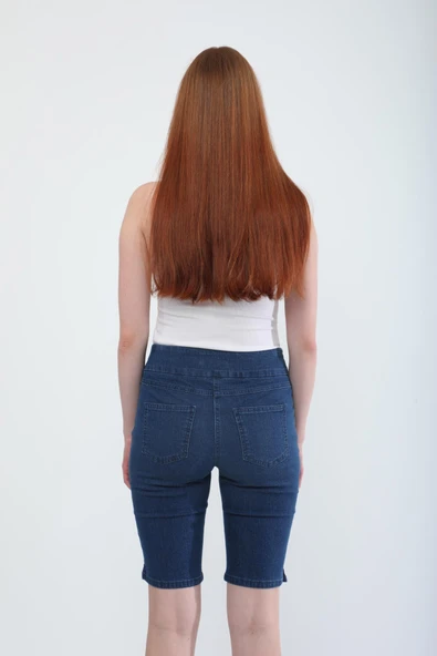 Kadın Likralı Esnek Jean Şort Koyu Mavi - 6