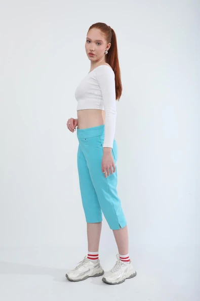 Kadın Likralı Esnek Jean Kapri Turkuaz - Resim 2