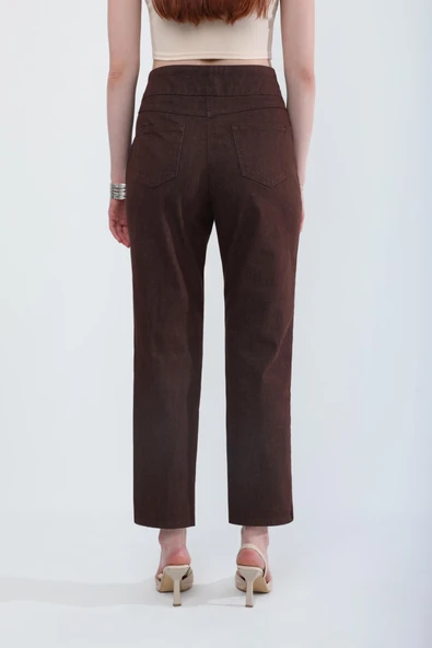 Kadın Beli Lastikli Likralı Yan Cepli Jean Pantolon Kahverengi - 7