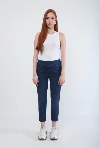 Kadın Likralı Esnek Lacivert Rins Jean Pantolon - 4