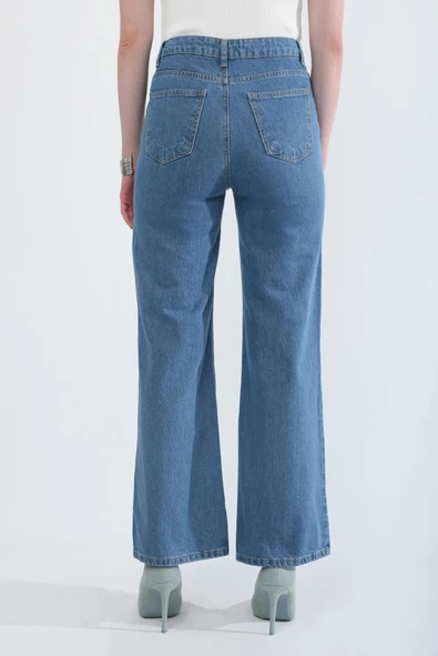Kadın Yüksek Bel Bol Paça %100 Pamuk Mavi Jean Pantolon - Resim 7