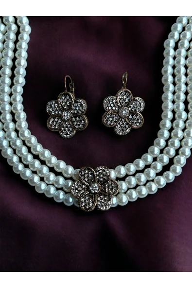 Kristal Taşlı Çiçek Figür İnci Kolye , Küpe Seti - 3