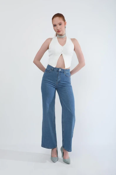 Kadın Yüksek Bel Bol Paça %100 Pamuk Mavi Jean Pantolon - Resim 4