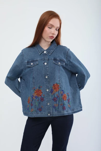 Kadın Çiçek Desenli Düğmeli Likralı Jean Ceket - 4
