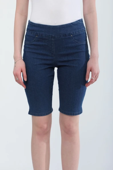 Kadın Likralı Esnek Jean Şort Koyu Mavi - 4
