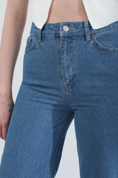 Kadın Yüksek Bel Bol Paça %100 Pamuk Mavi Jean Pantolon - Resim 8