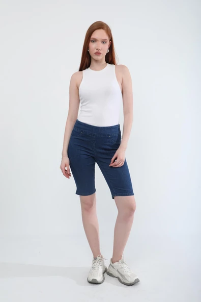 Kadın Likralı Esnek Jean Şort Koyu Mavi - 2