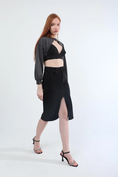 Önden Yırtmaçlı Likralı Midi Jean Etek - 12