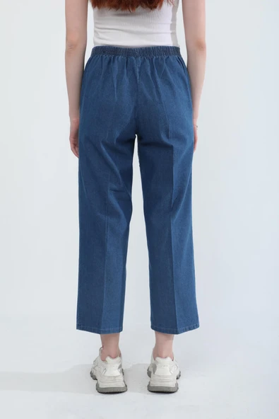 Kadın Beli Lastikli Likralı Yan Cepli Jean Pantolon Mavi - 7