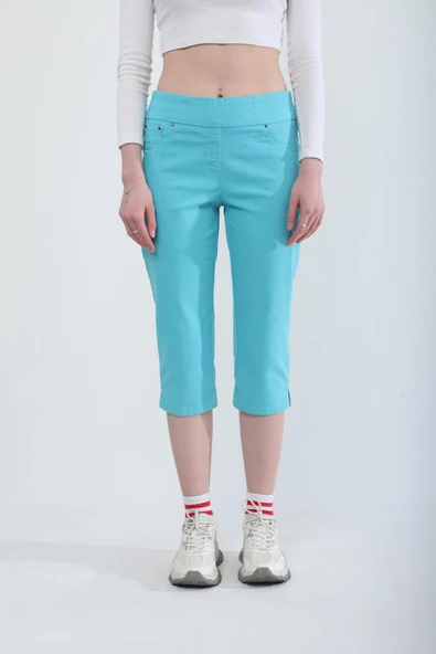 Kadın Likralı Esnek Jean Kapri Turkuaz - Resim 5