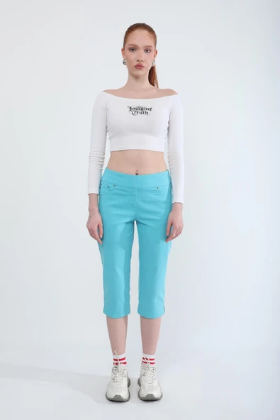 Kadın Likralı Esnek Jean Kapri Turkuaz - Resim 4