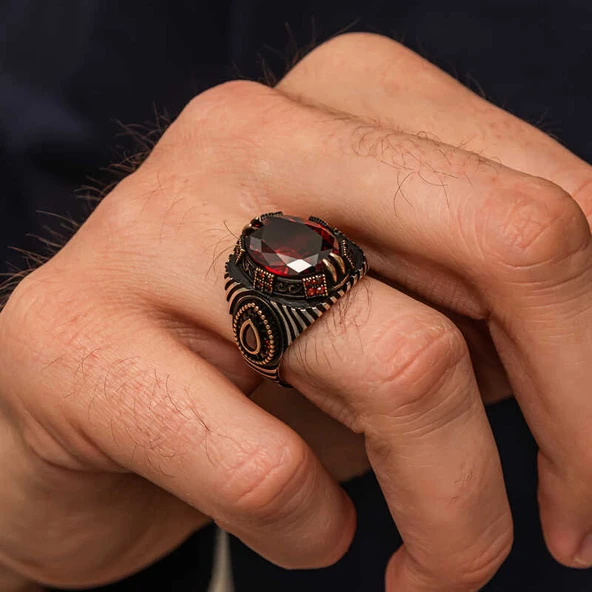 Gümüş Kırmızı Fasetli Taşlı Erkek Yüzük  SL10583 - Resim 3