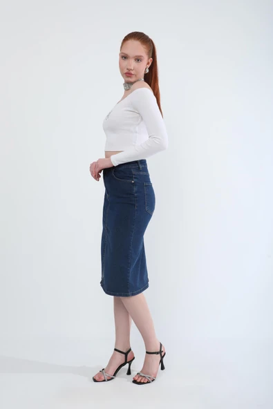 Önden Yırtmaçlı Likralı Midi Jean Etek - 3