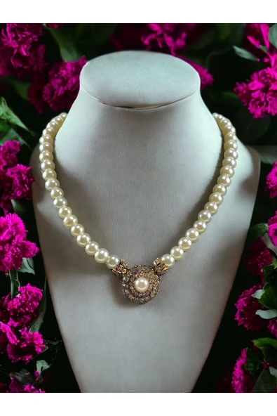 Kristal Taşlı Yuvarlak Inci Kolye - Resim 4