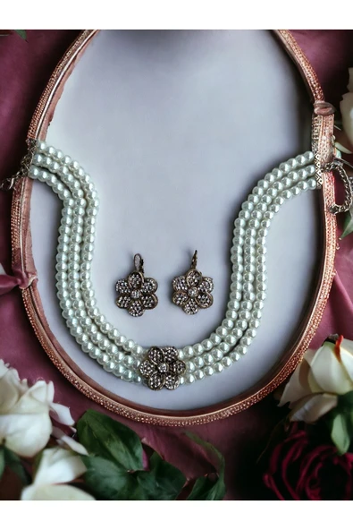 Kristal Taşlı Çiçek Figür İnci Kolye , Küpe Seti - 2