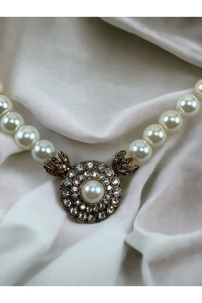 Kristal Taşlı Yuvarlak Inci Kolye - Resim 5