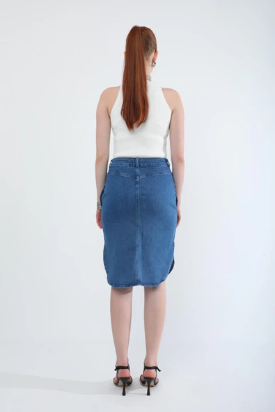 Yırtmaç Detaylı Midi Boy Likralı Mavi Jean Etek - 6