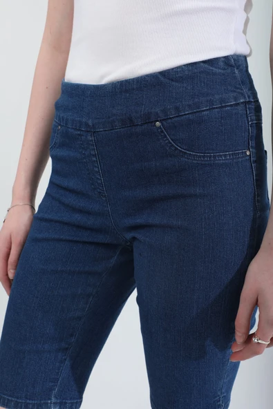 Kadın Likralı Esnek Jean Şort Koyu Mavi - 7