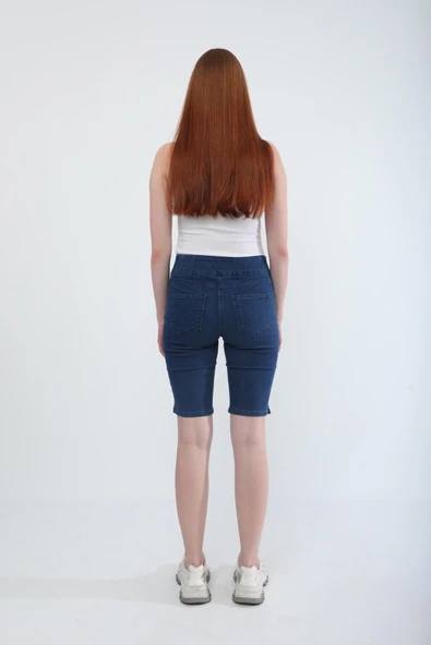 Kadın Likralı Esnek Jean Şort Koyu Mavi - 5