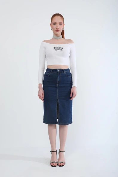 Önden Yırtmaçlı Likralı Midi Jean Etek - 6