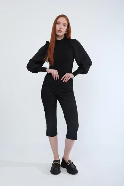 Kadın Likralı Esnek Jean Kapri Siyah - 2