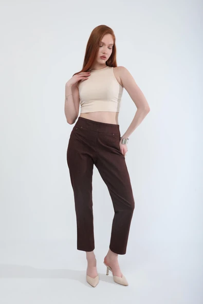 Kadın Beli Lastikli Likralı Yan Cepli Jean Pantolon Kahverengi - 4