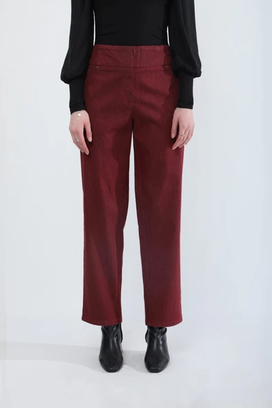 Kadın Beli Lastikli Likralı Esnek Jean Pantolon Bordo