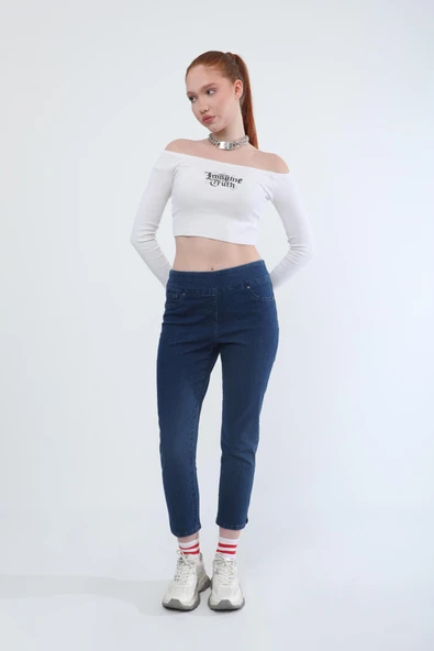 Kadın Likralı Esnek Jean Pantolon Koyu Mavi - Resim 2