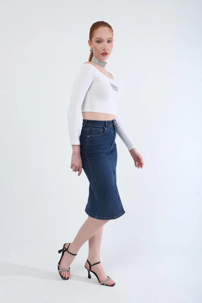 Önden Yırtmaçlı Likralı Midi Jean Etek - 5