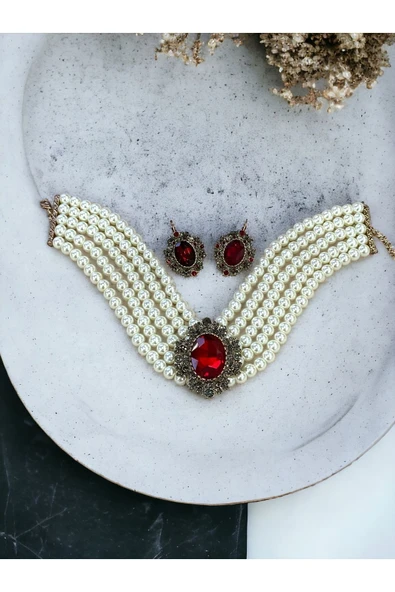 Yakut Kırmızı Chooker Tasma İnci Kolye ve Küpe Seti - 3