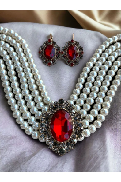 Yakut Kırmızı Chooker Tasma İnci Kolye ve Küpe Seti - 2