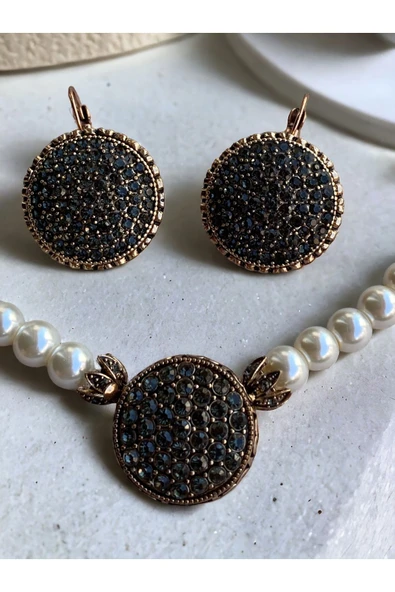 Kristal Taşlı İnci Kolye ve Küpe Seti - 3