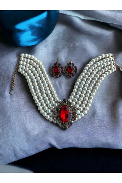 Yakut Kırmızı Chooker Tasma İnci Kolye ve Küpe Seti