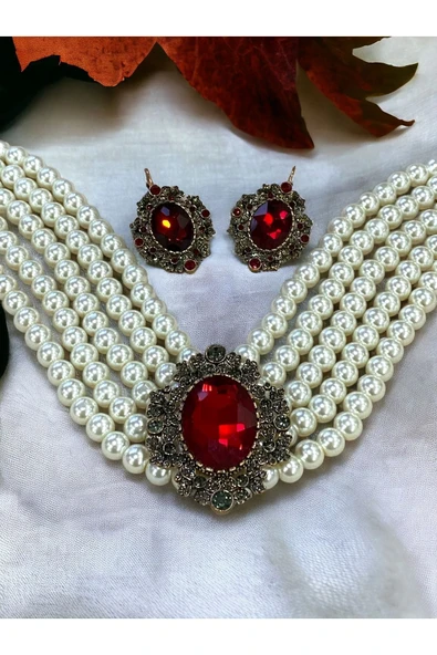 Yakut Kırmızı Chooker Tasma İnci Kolye ve Küpe Seti - 4