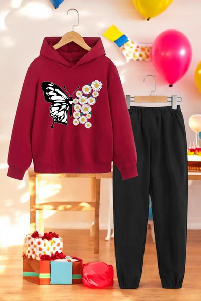 Papatya Kelebek Baskılı Çocuk Rahat Eşofman Takımı - Resim 9