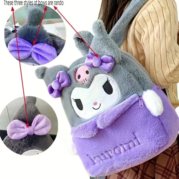 Kuromi Sırt Çantası Büyük Kapasiteli, Peluş Detaylı Sevimli Karikatür Tasarım, Günlük Kullanım & Hediye