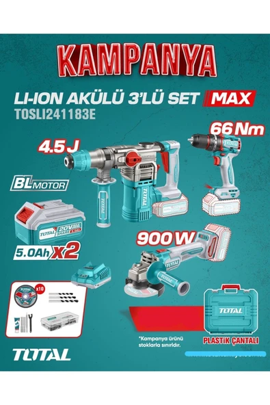 Total 3'lü Akülü Taşlama Darbeli Matkap Kırıcı Delici Set 2x5.0 Ah Çift Akü Profesyonel - 2