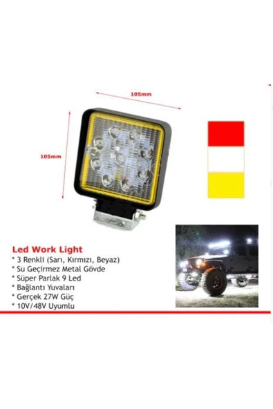 10-48v Çalışma Lambası (BEYAZ-KIRMIZI-SARI) Çakarlı Fonksiyonlu 9x3w Power Ledli (74*98)