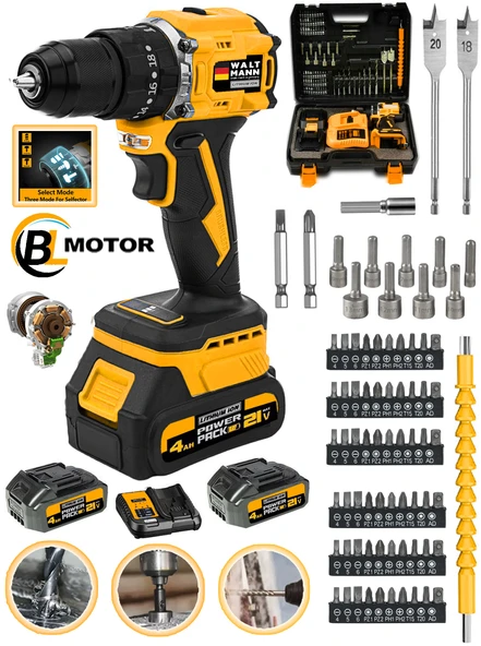 WaltMann Germany XPACK-10 Darbeli Kömürsüz Motor Samsung Pilli 2 Akülü Vidalama Matkap +84 Parça Aksesuar Set